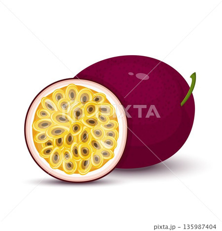 Passion fruit. Whole passion fruit and a half of maracuya isolated on white background.Fresh bright exotic cut slice passion fruit. Cartoon style. Passion fruit. Whole passion fruit and a half of maracuya isolated on white background.Fresh bright exotic cut slice passion fruit. Cartoon style. 135987404