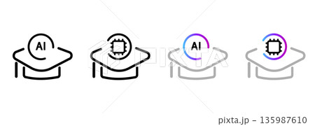 AI education icon set featuring graduation cap artificial intelligence processor chip symbol online learning digital school technology academic research AI education icon set featuring graduation cap artificial intelligence processor chip symbol online learning digital school technology academic research 135987610