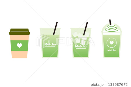 カフェのテイクアウト用抹茶ラテと抹茶フラッペのベクターイラストセット。ストロー付きのカップ。 カフェのテイクアウト用抹茶ラテと抹茶フラッペのベクターイラストセット。ストロー付きのカップ。 135987672