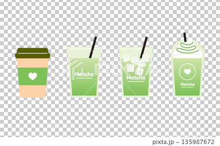 カフェのテイクアウト用抹茶ラテと抹茶フラッペのベクターイラストセット。ストロー付きのカップ。 カフェのテイクアウト用抹茶ラテと抹茶フラッペのベクターイラストセット。ストロー付きのカップ。 135987672