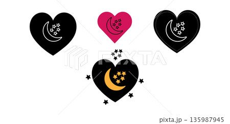 Heart With Moon And Stars Icons In Black And Color Variants For Romantic Celestial Theme 135987945