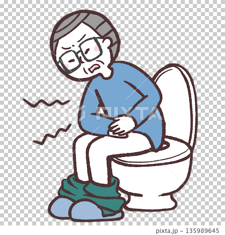 圖：一位老年男子坐在馬桶上，腹痛難耐。 135989645