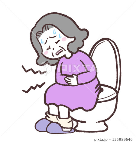 腹痛で便座に座るシニア女性のイラスト 腹痛で便座に座るシニア女性のイラスト 135989646