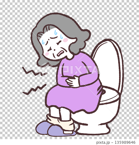 腹痛で便座に座るシニア女性のイラスト 腹痛で便座に座るシニア女性のイラスト 135989646