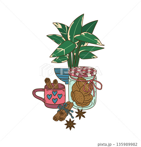 Cozy scandinavian lifestyle scene with tea cup and cookies in mason jar. Hand drawn line art spicy winter dessert Cozy scandinavian lifestyle scene with tea cup and cookies in mason jar. Hand drawn line art spicy winter dessert 135989982