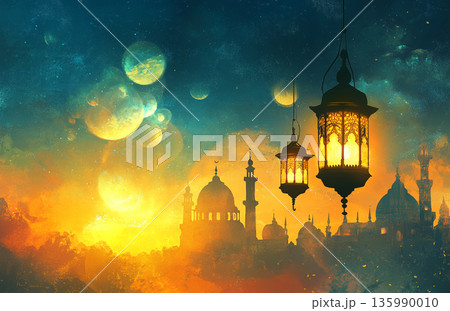 Image for Ramadan, featuring a glowing lantern and a mosque silhouette under a crescent moon, creating a serene, spiritual atmosphere. 135990010