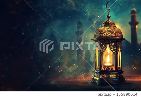Image for Ramadan, featuring a glowing lantern and a mosque silhouette under a crescent moon, creating a serene, spiritual atmosphere. Image for Ramadan, featuring a glowing lantern and a mosque silhouette under a crescent moon, creating a serene, spiritual atmosphere. 135990014