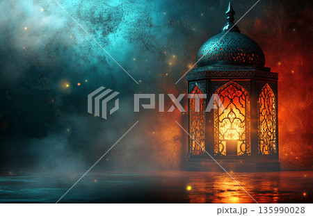 Image for Ramadan, featuring a glowing lantern and a mosque silhouette under a crescent moon, creating a serene, spiritual atmosphere. Image for Ramadan, featuring a glowing lantern and a mosque silhouette under a crescent moon, creating a serene, spiritual atmosphere. 135990028