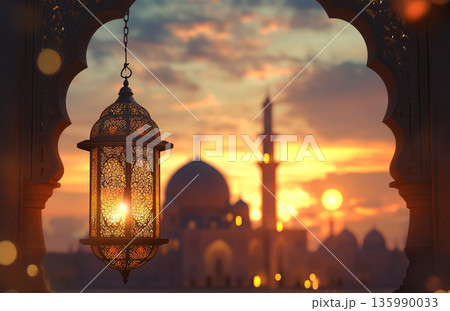 Image for Ramadan, featuring a glowing lantern and a mosque silhouette under a crescent moon, creating a serene, spiritual atmosphere. 135990033