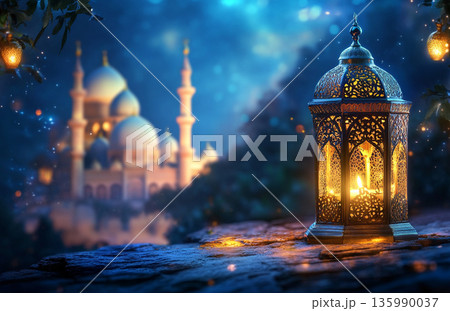 Image for Ramadan, featuring a glowing lantern and a mosque silhouette under a crescent moon, creating a serene, spiritual atmosphere. Image for Ramadan, featuring a glowing lantern and a mosque silhouette under a crescent moon, creating a serene, spiritual atmosphere. 135990037