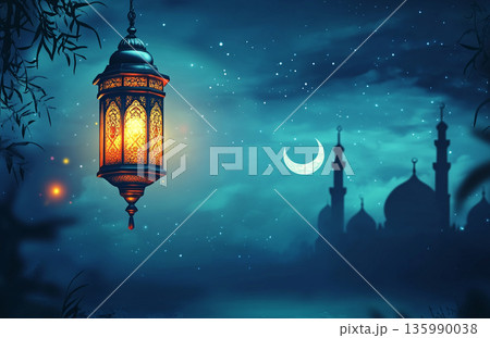 Image for Ramadan, featuring a glowing lantern and a mosque silhouette under a crescent moon, creating a serene, spiritual atmosphere. Image for Ramadan, featuring a glowing lantern and a mosque silhouette under a crescent moon, creating a serene, spiritual atmosphere. 135990038