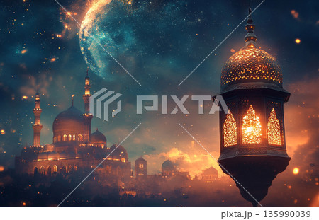 Image for Ramadan, featuring a glowing lantern and a mosque silhouette under a crescent moon, creating a serene, spiritual atmosphere. Image for Ramadan, featuring a glowing lantern and a mosque silhouette under a crescent moon, creating a serene, spiritual atmosphere. 135990039