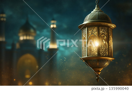 Image for Ramadan, featuring a glowing lantern and a mosque silhouette under a crescent moon, creating a serene, spiritual atmosphere. 135990040
