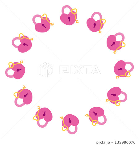 Round frame with a heart-shaped lock and key. Isolated white background. Flat-style vector illustration 135990070