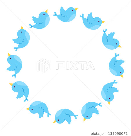 Round frame with blue birds. Isolated white background. Flat style vector illustration Round frame with blue birds. Isolated white background. Flat style vector illustration 135990071