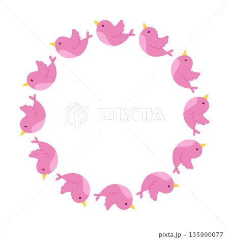 Round frame with pink birds. Isolated white background. Flat-style vector illustration Round frame with pink birds. Isolated white background. Flat-style vector illustration 135990077