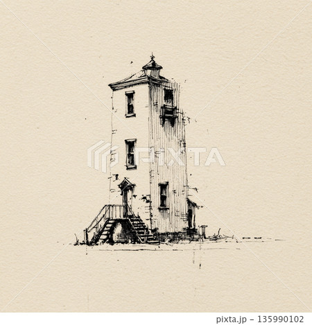 A detailed black and white ink sketch of a tall, rustic lighthouse-style building with stairs, windows, and chimneys on textured paper. 135990102
