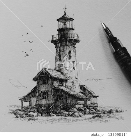 A detailed black and white ink sketch of a tall, rustic lighthouse-style building with stairs, windows, and chimneys on textured paper. 135990114