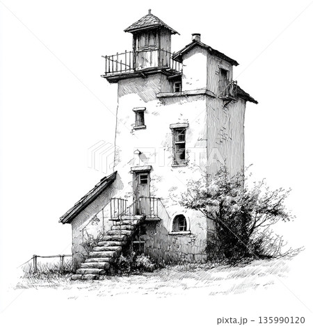 A detailed black and white ink sketch of a tall, rustic lighthouse-style building with stairs, windows, and chimneys on textured paper. 135990120