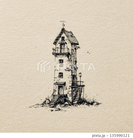 A detailed black and white ink sketch of a tall, rustic lighthouse-style building with stairs, windows, and chimneys on textured paper. A detailed black and white ink sketch of a tall, rustic lighthouse-style building with stairs, windows, and chimneys on textured paper. 135990121