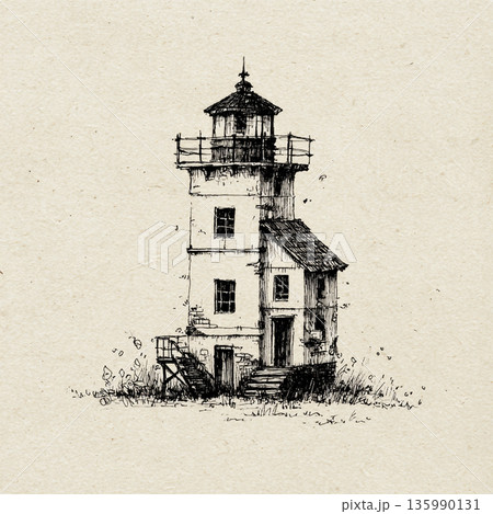 A detailed black and white ink sketch of a tall, rustic lighthouse-style building with stairs, windows, and chimneys on textured paper. 135990131