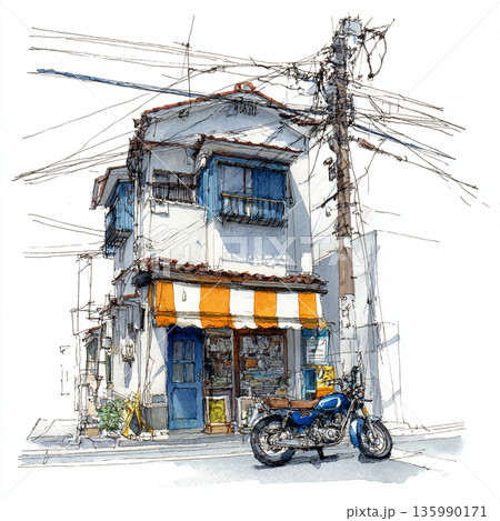 A charming watercolor and ink sketch of a cluttered corner shop with messy power lines, a red scooter, and a person standing outside. 135990171