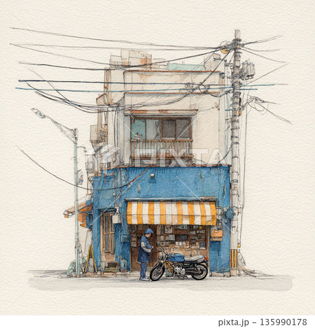 A charming watercolor and ink sketch of a cluttered corner shop with messy power lines, a red scooter, and a person standing outside. 135990178