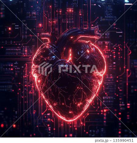 A futuristic, mechanical heart with glowing red veins, surrounded by wires and electronic components, symbolizing a blend of technology and biology. 135990451