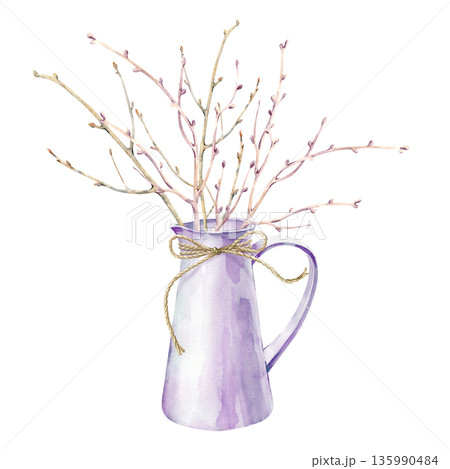 A delicate composition of a white jug tied with twine, with leafless branches. Watercolor illustration on an isolated background. A spring clipart of seasonal home decor for decorating spring themes A delicate composition of a white jug tied with twine, with leafless branches. Watercolor illustration on an isolated background. A spring clipart of seasonal home decor for decorating spring themes 135990484