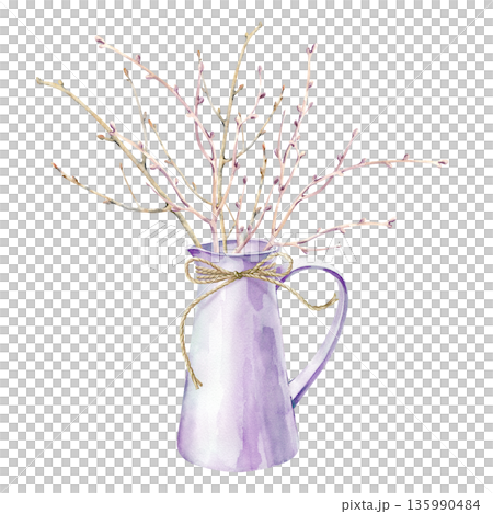 A delicate composition of a white jug tied with twine, with leafless branches. Watercolor illustration on an isolated background. A spring clipart of seasonal home decor for decorating spring themes A delicate composition of a white jug tied with twine, with leafless branches. Watercolor illustration on an isolated background. A spring clipart of seasonal home decor for decorating spring themes 135990484