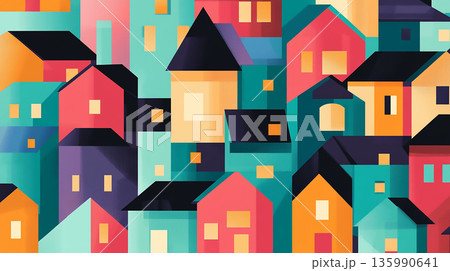 A colorful drawing of houses stacked each other with high density with a blue sky in the background 135990641
