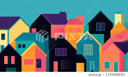 A colorful drawing of houses stacked each other with high density with a blue sky in the background 135990642