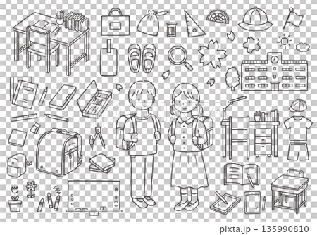 一組與小學入學相關的手繪插圖(單色) 一組與小學入學相關的手繪插圖(單色) 135990810
