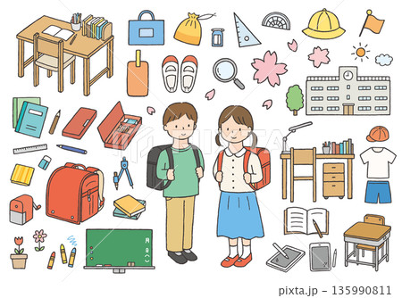 小学校入学にまつわる手描きイラストセット(カラー) 小学校入学にまつわる手描きイラストセット(カラー) 135990811