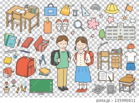小学校入学にまつわる手描きイラストセット(カラー) 小学校入学にまつわる手描きイラストセット(カラー) 135990811