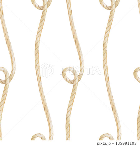 Vertical seamless pattern with hand-drawn jute rope. Watercolor illustration on an isolated background. Beige twine with loops. Background for the design of marine, construction and fishing themes. Vertical seamless pattern with hand-drawn jute rope. Watercolor illustration on an isolated background. Beige twine with loops. Background for the design of marine, construction and fishing themes. 135991105