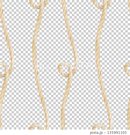 Vertical seamless pattern with hand-drawn jute rope. Watercolor illustration on an isolated background. Beige twine with loops. Background for the design of marine, construction and fishing themes. 135991105