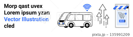 Smart cities, digital commerce, internet connectivity, public transport, ecommerce, technology. Graphic of a connected bus and digital storefront. Smart cities and digital commerce concept 135991209