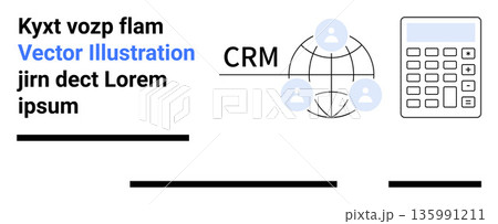 Business management, customer relations, networking, data analysis, finance, technology. Diagram with CRM connections, people icons and a calculator. Business management and customer relations 135991211