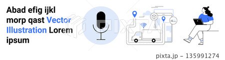 Voice interaction, logistics tracking, remote work, automation, technology, digital tools. A microphone icon, delivery route map and a person using a laptop. Voice interaction and logistics tracking 135991274