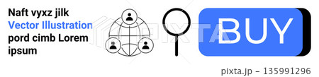 E-commerce, networking, online shopping, digital marketing, business, consumer behavior. a social network, magnifying glass and buy button. E-commerce and networking concept 135991296