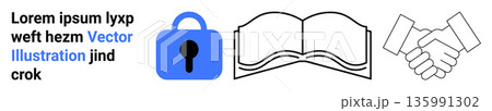 Cybersecurity, education, business agreements, trust, online safety, teamwork. Blue lock icon, open book and handshake graphic. Cybersecurity and education visual concept 135991302