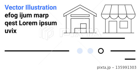 Business planning, logistics, retail operations, delivery services, small business, graphic design. Minimalist line art of a warehouse and storefront with text placeholders. Business planning Business planning, logistics, retail operations, delivery services, small business, graphic design. Minimalist line art of a warehouse and storefront with text placeholders. Business planning 135991303