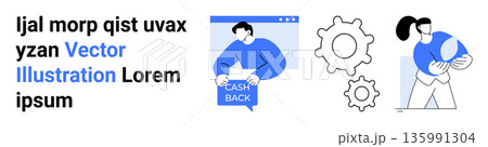 Cashback rewards, automation, teamwork, global interaction, fintech, innovation. A person holding a cashback sign, gear icons and a woman with a globe. Cashback rewards and automation 135991304
