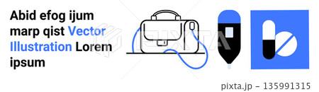 Healthcare services, medical supplies, pharmaceuticals, diagnosis tools, branding, education. Medical bag, IV drip and pills next to design elements. Healthcare services and medical supplies concept Healthcare services, medical supplies, pharmaceuticals, diagnosis tools, branding, education. Medical bag, IV drip and pills next to design elements. Healthcare services and medical supplies concept 135991315