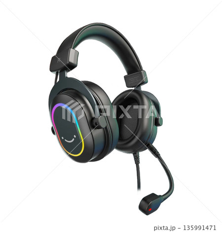 Premium wired gaming headphones with colorful RGB ring, smiley face, USB controller, and mic. Modern black design 135991471