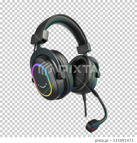 Premium wired gaming headphones with colorful RGB ring, smiley face, USB controller, and mic. Modern black design Premium wired gaming headphones with colorful RGB ring, smiley face, USB controller, and mic. Modern black design 135991471