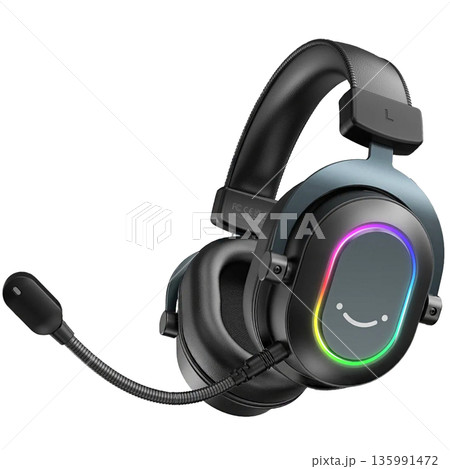 Stylish wired gaming headphones with colorful RGB ring, smiley face, flexible mic, and modern black design 135991472