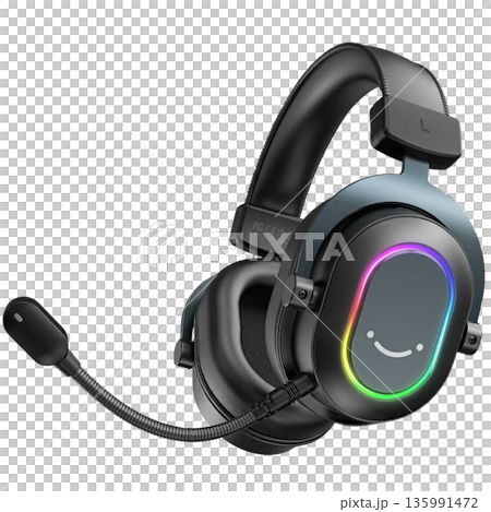 Stylish wired gaming headphones with colorful RGB ring, smiley face, flexible mic, and modern black design 135991472