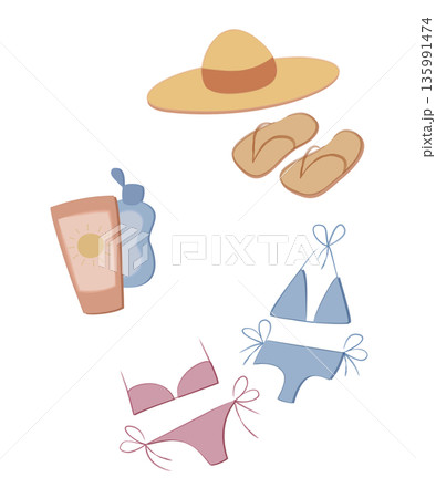 Vector icons of beach essentials, bikinis, hat, flip flops, sunscreen. Ideal for summer designs and travel themes 135991474
